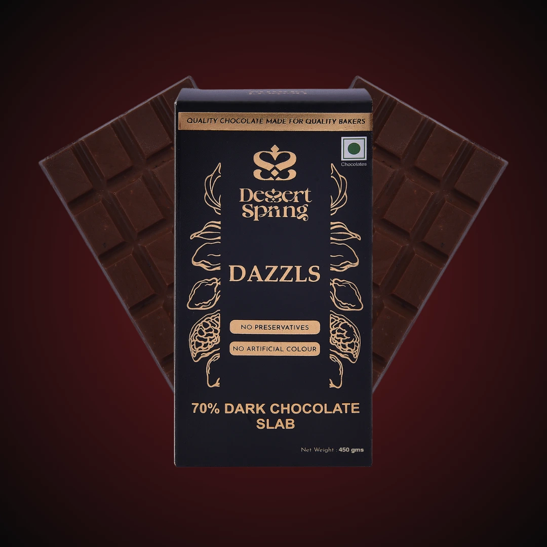 Dessert Spring 70% dark chocolate slab in Bangalore, rich in flavor and free from preservatives and artificial color, perfect for baking and gifting.